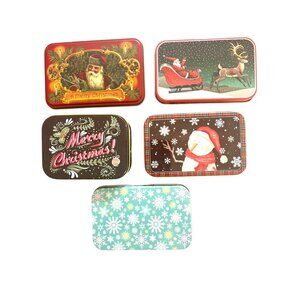 Set Of 5 Christmas-Themed Metal Gift Tins W Santa/Snowman Christmas Holiday